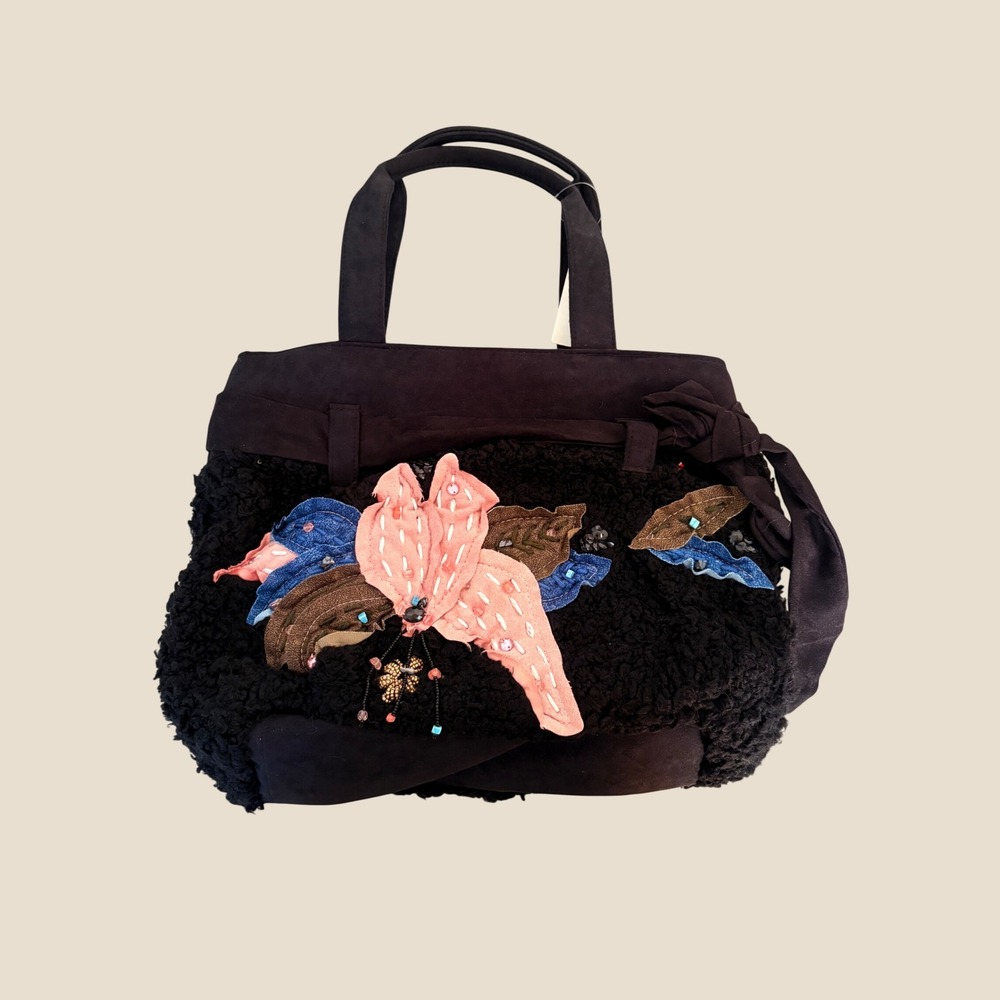 Y2K Far Nine Black Sherpa Floral Applique Tote Bag Embroidered Beaded Deadstock